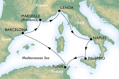 Kryssning - medelhavet - Italien, Tunisien, Spanien, Frankrike