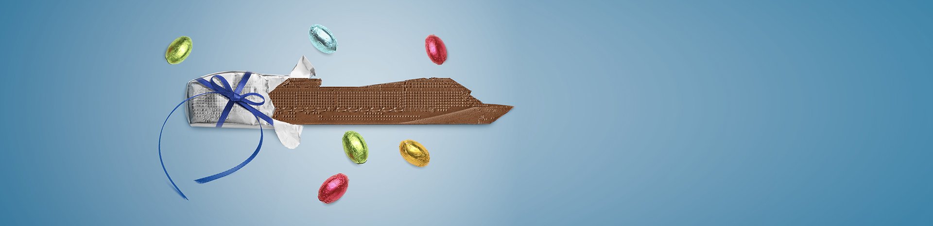 A chocolate bar shaped like a cruise ship with colorful Easter eggs on a blue background | MSC Cruises