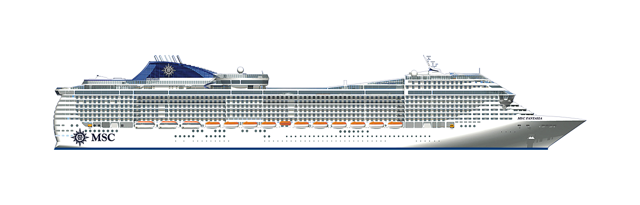 Side view of the MSC Fantasia cruise ship with detailed decks and lifeboats visible | MSC Cruises Side view of the MSC Fantasia cruise ship with detailed decks and lifeboats visible | MSC Cruises