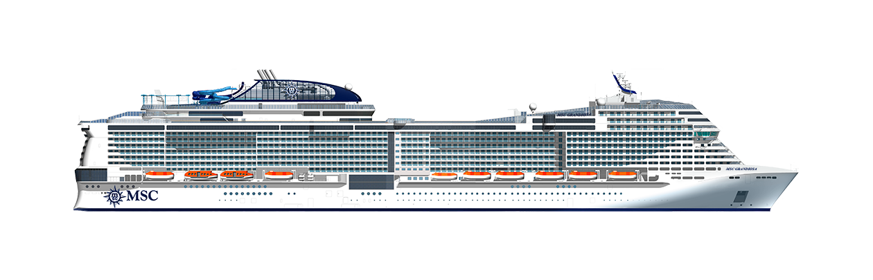 Side view of MSC Grandiosa cruise ship with lifeboats and upper deck features | MSC Cruises Side view of MSC Grandiosa cruise ship with lifeboats and upper deck features | MSC Cruises