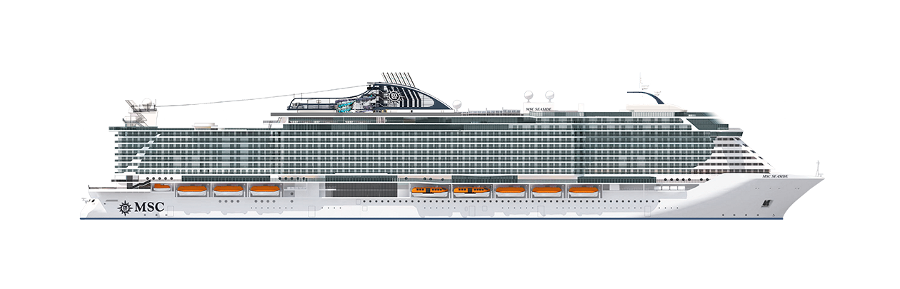 Side view of an MSC cruise ship showcasing modern design and lifeboats | MSC Cruises Side view of an MSC cruise ship showcasing modern design and lifeboats | MSC Cruises
