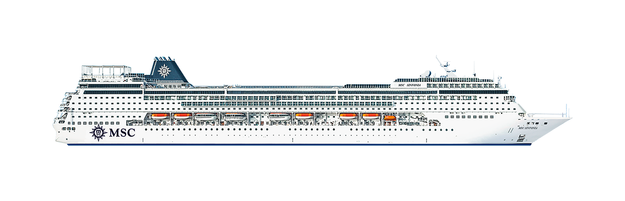 Side view of the MSC Sinfonia cruise ship with lifeboats visible | MSC Cruises Side view of the MSC Sinfonia cruise ship with lifeboats visible | MSC Cruises