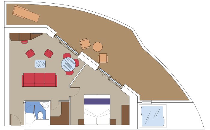 Suite layout featuring bedroom, living area, balcony with seating, and private whirlpool | MSC Cruises Suite layout featuring bedroom, living area, balcony with seating, and private whirlpool | MSC Cruises