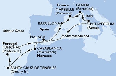 Spanien, Marocko, Portugal, Italien, Frankrike