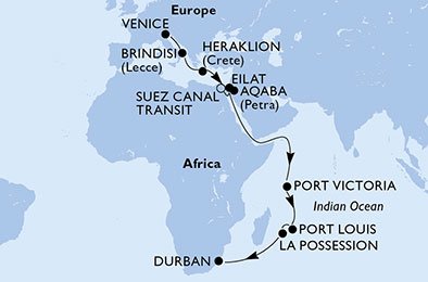 Italien, Grekland, Egypten, Israel, Jordien, Seychellerna, Mauritius, Reunion, Sydafrika