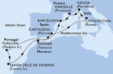 Italien, Frankrike, Spanien, Portugal, Marocko