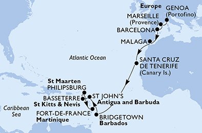 Italien, Frankrike, Spanien, Barbados, Antigua och Barbuda, S:t Kitts och Nevis, St. Maarten, Martinique