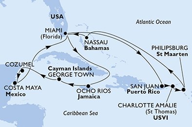 USA, Puerto Rico, Virgin Islands (U.S.), St. Maarten, Bahamas, Jamaica, Cayman Islands, Mexiko