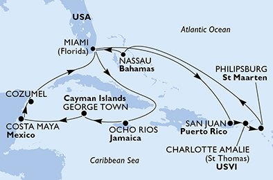 USA, Puerto Rico, Virgin Islands (U.S.), St. Maarten, Bahamas, Jamaica, Cayman Islands, Mexiko