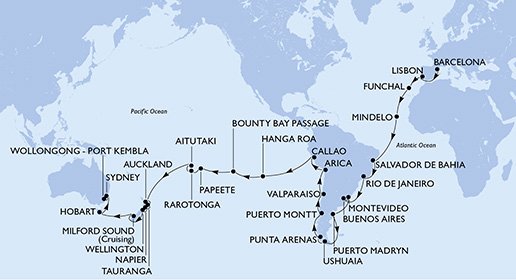 Spanien, Portugal, Kap Verde, Brasilien, Argentina, Uruguay, Chile, Peru, Pitcairn, Franska Polynesien, Cook Islands, Nya Zeeland, Australien