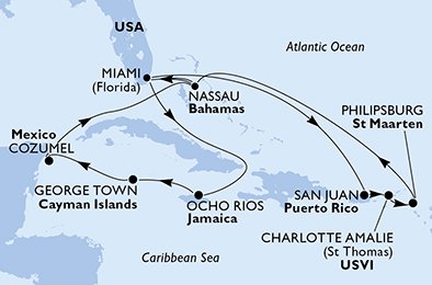 USA, Puerto Rico, Virgin Islands (U.S.), St. Maarten, Bahamas, Jamaica, Cayman Islands, Mexiko