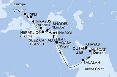 Italien, Kroatien, Grekland, Cypern, Egypten, Israel, Jordien, Oman, Förenade Arabemiraten