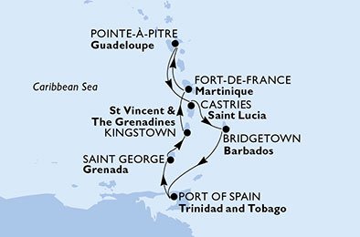 Martinique, Guadeloupe, S:t Lucia, Barbados, Trinidad och Tobago, Grenada, Saint Vincent & The Grenadines