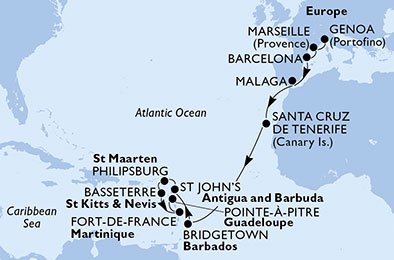 Italien, Frankrike, Spanien, Barbados, Antigua och Barbuda, St. Maarten, S:t Kitts och Nevis, Martinique, Guadeloupe