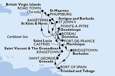 Martinique, Guadeloupe, S:t Lucia, Barbados, Trinidad och Tobago, Grenada, Saint Vincent & The Grenadines, Virgin Islands (British), St. Maarten, Dominica, S:t Kitts och Nevis, Antigua och Barbuda
