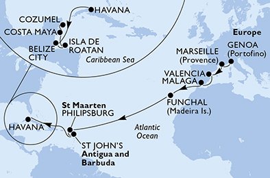 Italien, Frankrike, Spanien, Portugal, St. Maarten, Antigua och Barbuda, Kuba, Belize, Honduras, Mexiko