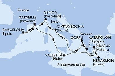 Spanien, Frankrike, Malta, Grekland, Italien