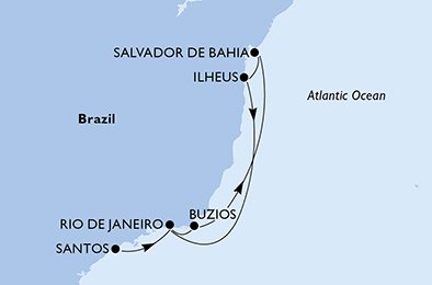 Santos, Rio de Janeiro, Buzios, Salvador, Ilheus, Rio de Janeiro
