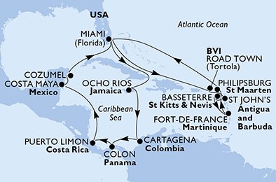 USA, Virgin Islands (British), Antigua och Barbuda, S:t Kitts och Nevis, Martinique, St. Maarten, Jamaica, Colombia, Panama, Costa Rica, Mexiko