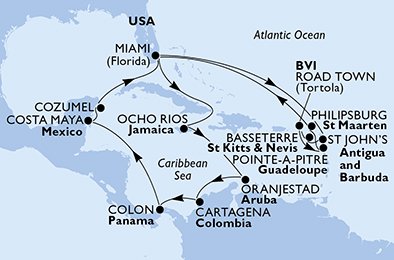 USA, Antigua och Barbuda, S:t Kitts och Nevis, Virgin Islands (British), Guadeloupe, St. Maarten, Jamaica, Aruba, Colombia, Panama, Mexiko