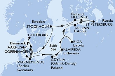 Danmark, Tyskland, Sverige, Polen, Litauen, Lettland, Estland, Ryssland, Finland