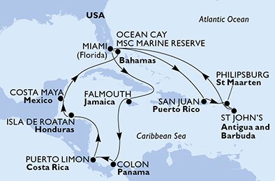 USA, Puerto Rico, St. Maarten, Antigua och Barbuda, Jamaica, Panama, Costa Rica, Honduras, Mexiko, Bahamas