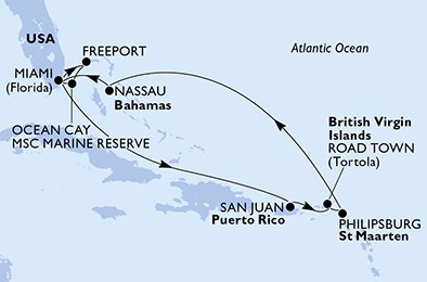 USA, Bahamas, Puerto Rico, Virgin Islands (British), St. Maarten