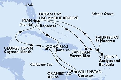 USA, Puerto Rico, St. Maarten, Antigua och Barbuda, Aruba, Jamaica, Cayman Islands, Bahamas