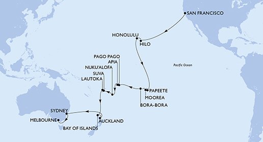 USA, Franska Polynesien, Amerikanska Samoa, Samoa, Tonga, Fiji, Nya Zeeland, Australien
