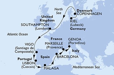 Tyskland, Danmark, England, Spanien, Portugal, Frankrike, Italien