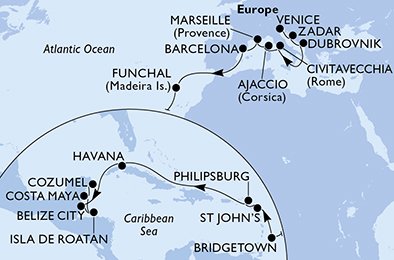 Italien, Kroatien, Frankrike, Spanien, Portugal, Barbados, Antigua och Barbuda, St. Maarten, Kuba, Belize, Honduras, Mexiko