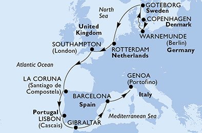 Danmark, Tyskland, Sverige, Holland, England, Spanien, Portugal, Gibraltar, Italien