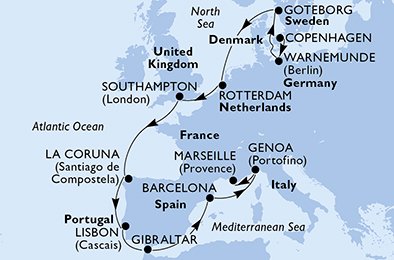 Danmark, Tyskland, Sverige, Holland, England, Spanien, Portugal, Gibraltar, Italien, Frankrike