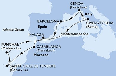 Italien, Spanien, Marocko, Portugal