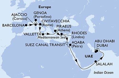 Spanien, Frankrike, Italien, Malta, Grekland, Egypten, Jordien, Oman, Förenade Arabemiraten