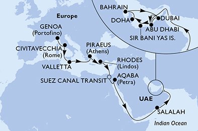 Italien, Malta, Grekland, Egypten, Jordien, Oman, Förenade Arabemiraten, Qatar, Bahrain