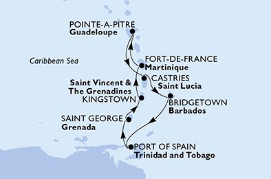 Martinique, Guadeloupe, S:t Lucia, Barbados, Trinidad och Tobago, Grenada, Saint Vincent & The Grenadines