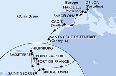 Italien, Frankrike, Spanien, Barbados, Grenada, S:t Kitts och Nevis, Nederländska Antillerna, Martinique, Guadeloupe