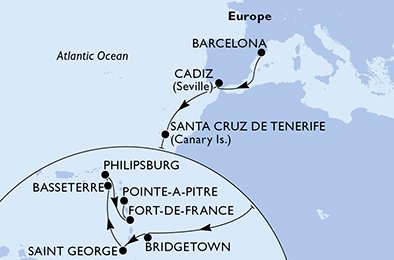Spanien, Barbados, Grenada, S:t Kitts och Nevis, Nederländska Antillerna, Martinique, Guadeloupe