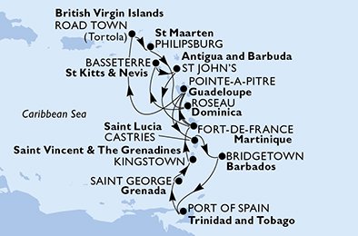 Martinique, Guadeloupe, Virgin Islands (British), Nederländska Antillerna, Dominica, S:t Kitts och Nevis, Antigua och Barbuda, S:t Lucia, Barbados, Trinidad och Tobago, Grenada, Saint Vincent & The Grenadines