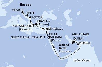 Förenade Arabemiraten, Oman, Israel, Jordien, Egypten, Cypern, Grekland, Montenegro, Kroatien, Italien